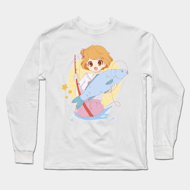 Anime  Girl  Fishing   P R t shirt Long Sleeve T-Shirt by LindenDesigns